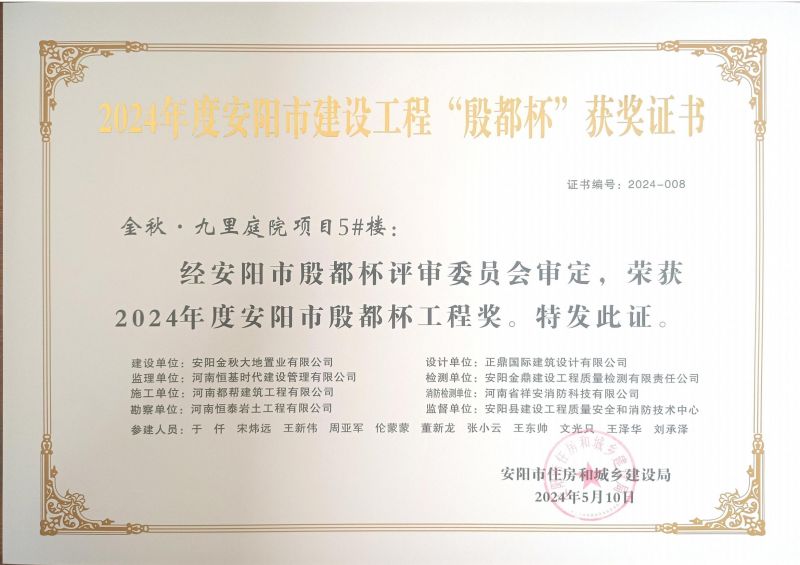 2024年度九里庭院安陽(yáng)市殷都杯證書及文件